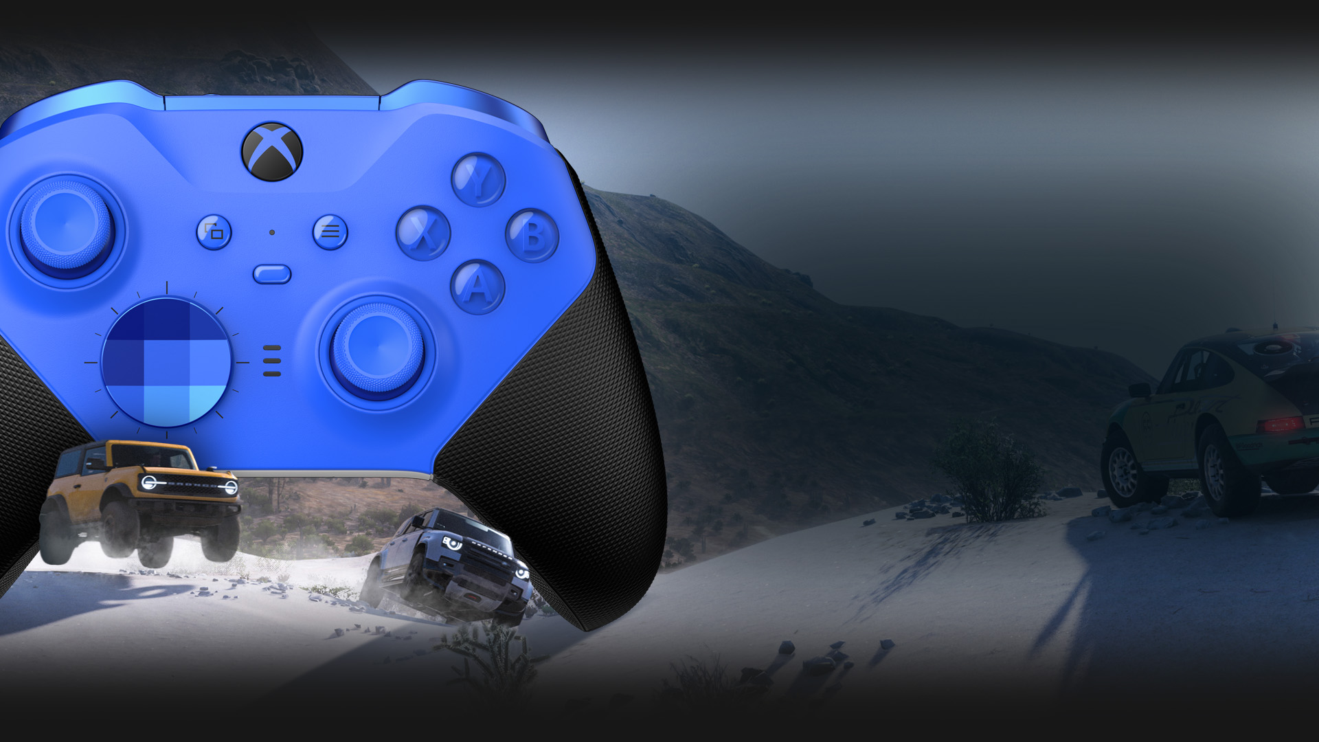 A Ford Bronco and Land Rover Defender race through the snow underneath the Xbox Elite Wireless Controller Series 2 – Core (Blue).