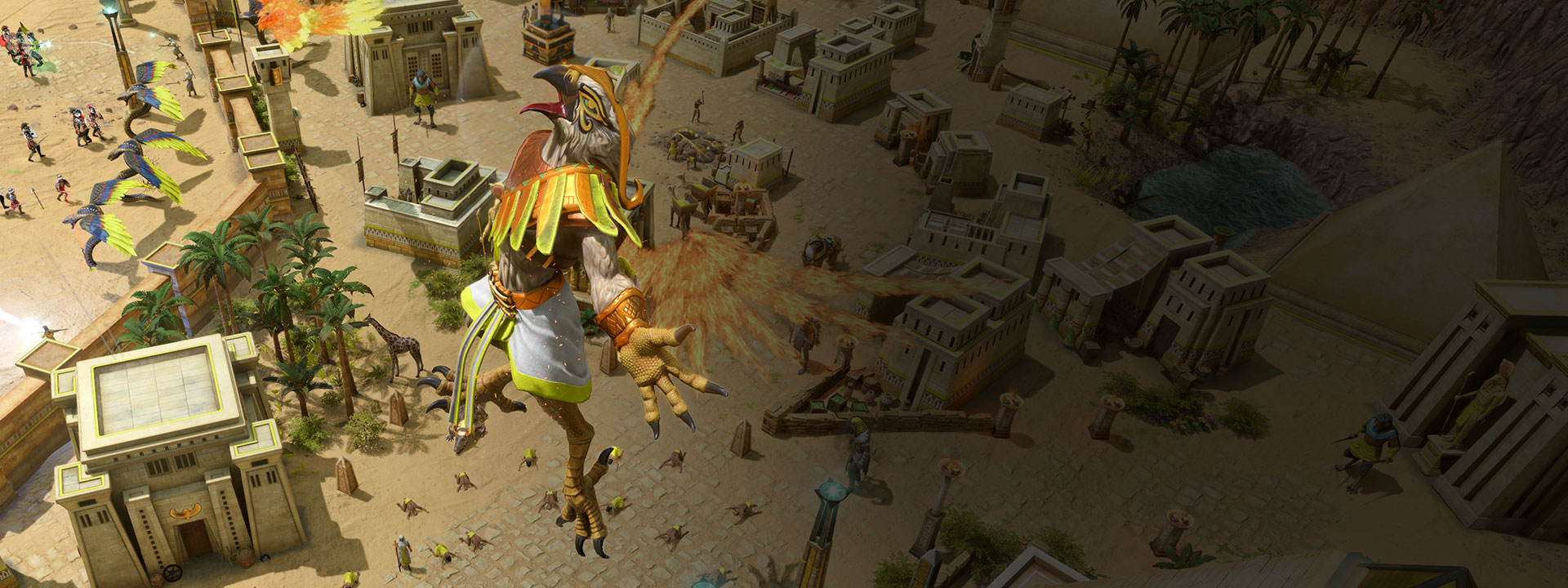 An Egyptian god flying above the pyramids and a battle raging below.