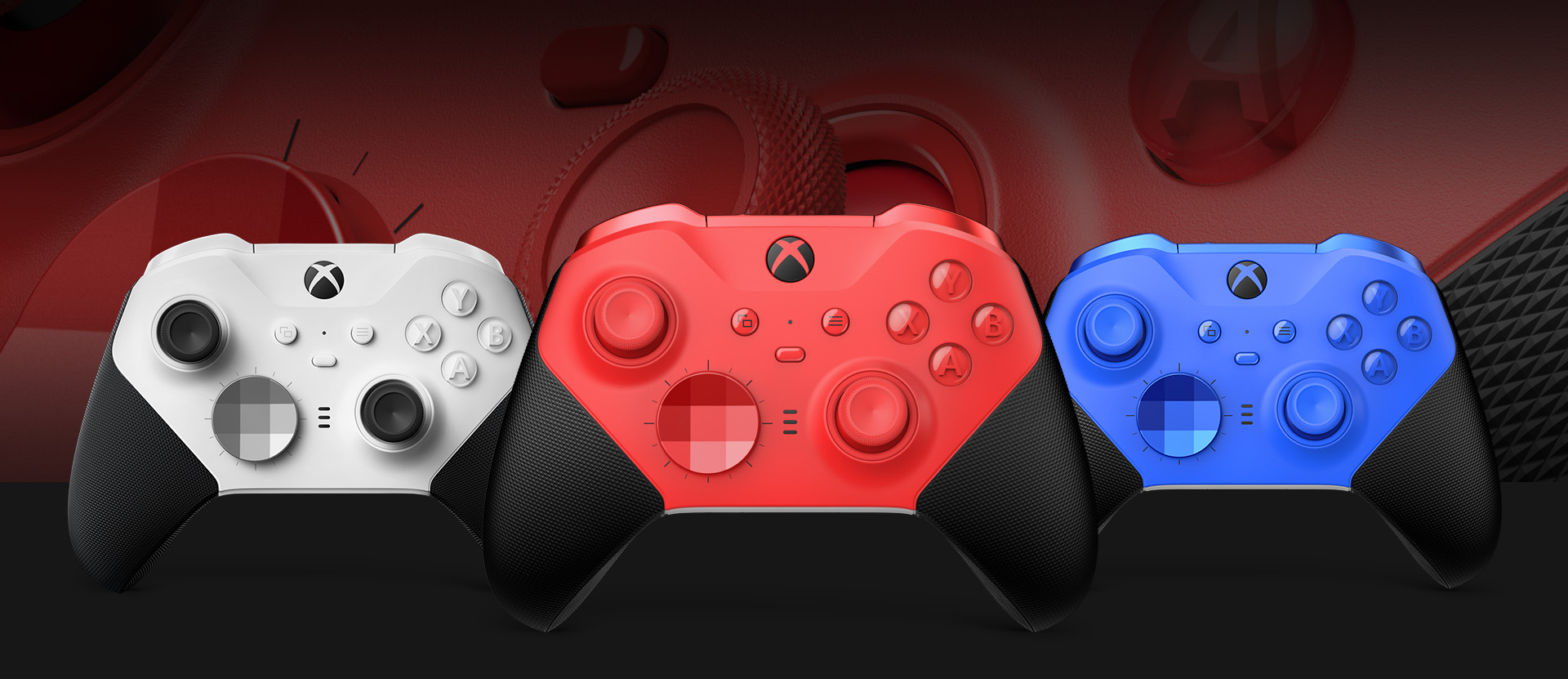 Front view of the Xbox Elite Wireless Controller Series 2 – Core (Red) with other color options shown alongside. A close up of the controller thumbsticks and textured grip is in the background.