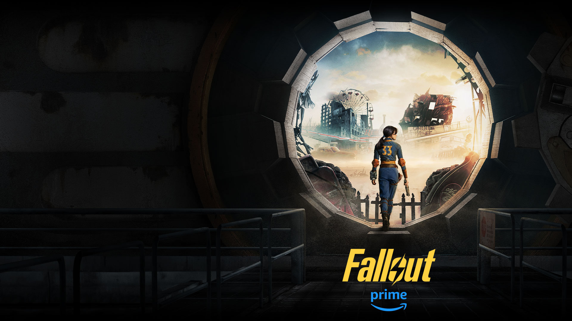 Fallout, Amazon Prime, Lucy exits her vault into the outside world, filled with crumbling buildings.