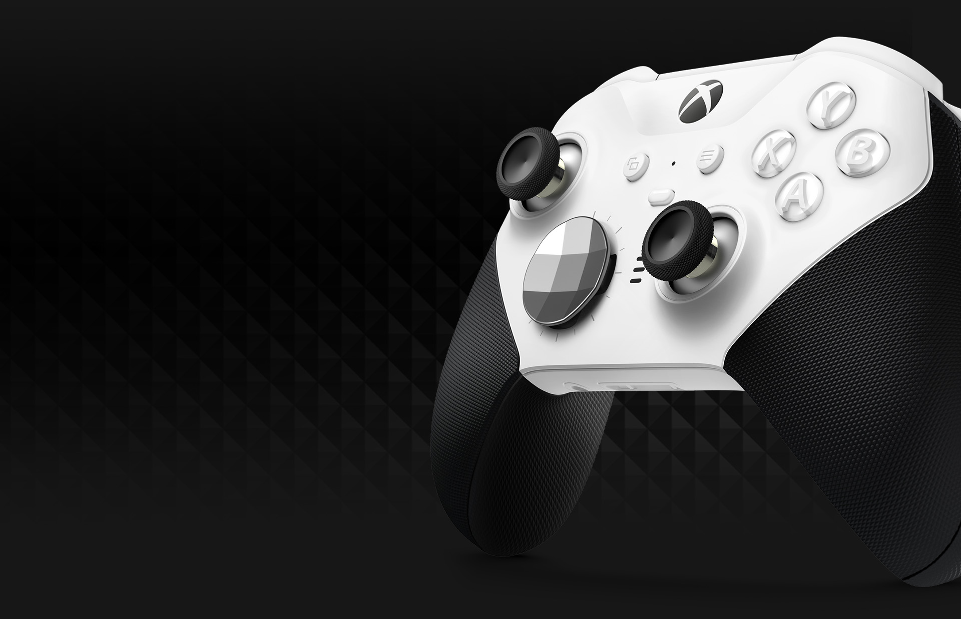 Left angle view of the Xbox Elite Wireless Controller Series 2 – Core (White) in front of a textured diamond grip background.