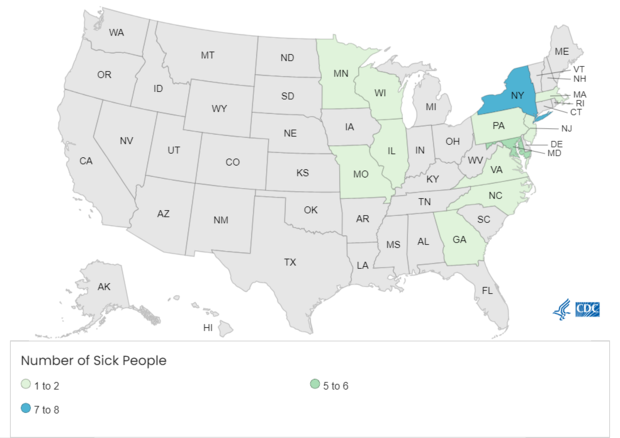 A map of the United States showing the number of cases of Listeria reported in each state 