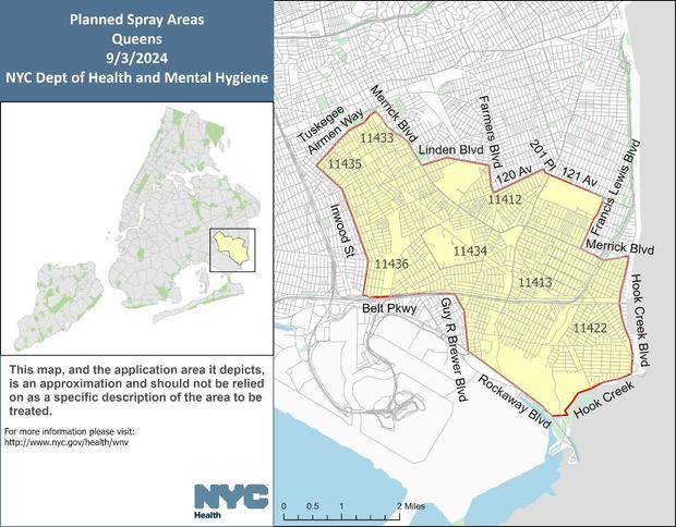 A map showing where trucks will be spraying pesticides for mosquitoes in Queens. 