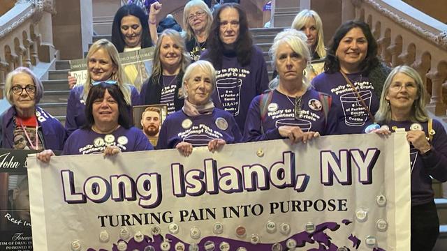 A group of 12 women wearing matching purple shirts stand on a staircase holding a banner that reads "Long Island, NY. Turning pain into purpose." 