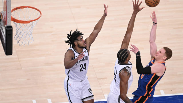 Donte DiVincenzo (0) of New York Knicks in action during NBA game between New York Knicks and Brooklyn Nets at Madison Square Garden on March 23, 2024 in New York, United States. 