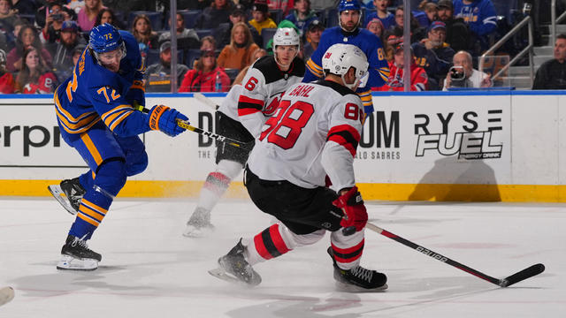 Tage Thompson #72 of the Buffalo Sabres scores a second period goal during an NHL game against the New Jersey Devils on March 29, 2024 at KeyBank Center in Buffalo, New York. 