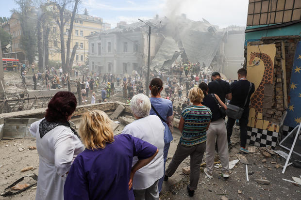 Rescuers work at Ohmatdyt Children's Hospital that was damaged during a Russian missile strikes, in Kyiv 