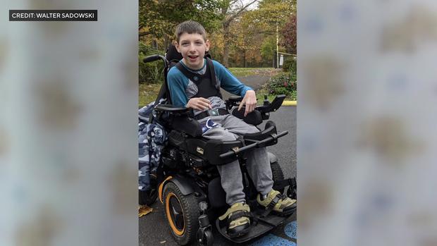 A photo of Chase Sadowski as a child in his wheelchair 