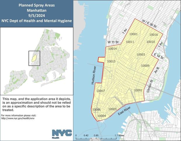 A map showing where trucks will be spraying pesticides for mosquitoes in Manhattan. 