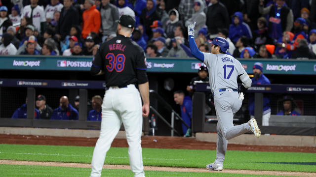 Shohei Ohtani #17 of the Los Angeles Dodgers celebrates while rounding the bases off a two-run home run off Tylor Megill #38 of the New York Mets during the eighth inning in game three of the National League Championship Series at Citi Field on Wednesday, Oct. 16, 2024 in New York. 