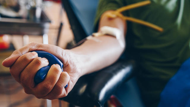 Cropped shot of someone squeeze a squish ball while donating blood. 