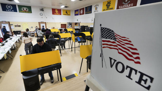 Voters cast their ballot on Super Tuesday in Los Angeles on March 5, 2024. 