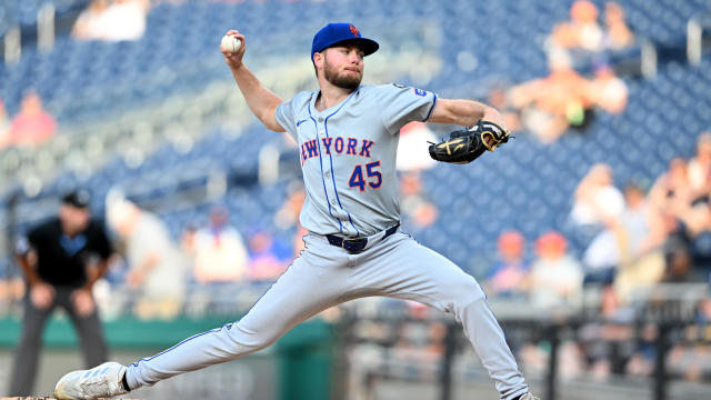 Christian Scott #45 of the New York Mets pitches in the first inning against the Washington Nationals at Nationals Park on July 03, 2024 in Washington, DC. 