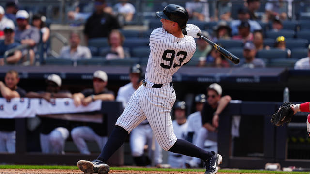 New York Yankees First Baseman Ben Rice (93) hits a home run during the fifth inning to the Major League Baseball game between the Cincinnati Reds and the New York Yankees on July 4, 2024, at Yankee Stadium in the Bronx, NY. 