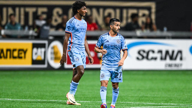 NYCFC forward Talles Magno (43) and midfielder Maximiliano Moralez (27) react during the MLS match between New York City FC and Atlanta United FC on July 17th, 2024 at Mercedes-Benz Stadium in Atlanta, GA. 