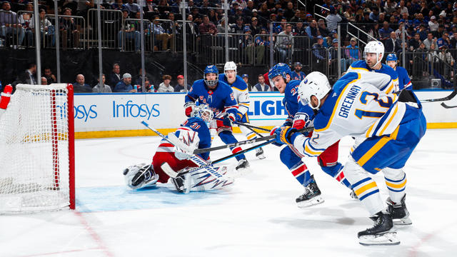 Jordan Greenway #12 of the Buffalo Sabres shoots and scores a goal in the second period against Igor Shesterkin #31 of the New York Rangers at Madison Square Garden on November 7, 2024 in New York City. 