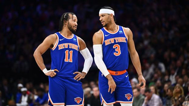 Jan. 5, 2024; Philadelphia, PA; New York Knicks guards Jalen Brunson (11) and Josh Hart (3) exchange words during the second quarter of their game against the Philadelphia 76ers at Wells Fargo Center.