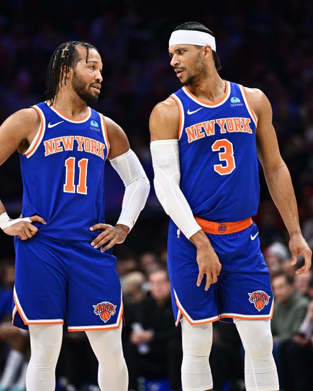 Jan. 5, 2024; Philadelphia, PA; New York Knicks guards Jalen Brunson (11) and Josh Hart (3) exchange words during the second quarter of their game against the Philadelphia 76ers at Wells Fargo Center.