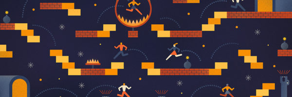 Illustration of people going through a video game obstacle course