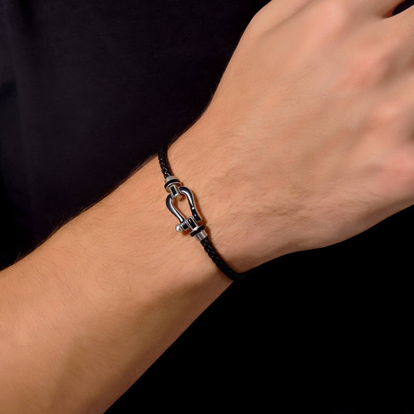 Black Enamel Buckle Leather Bracelet in 925 Sterling Silver