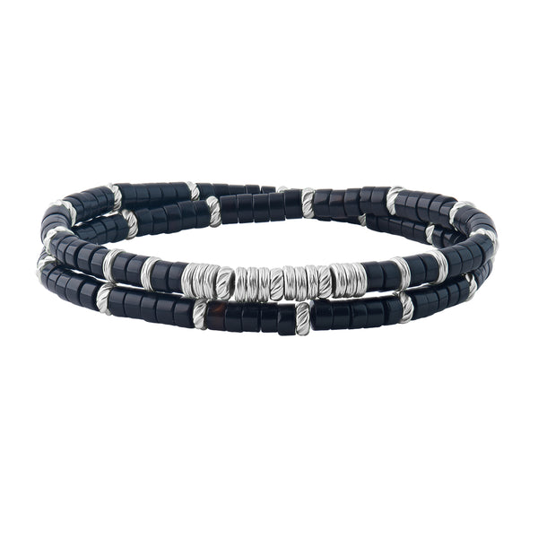 Men's Double Agate Heishi Beads Bracelet - Silver