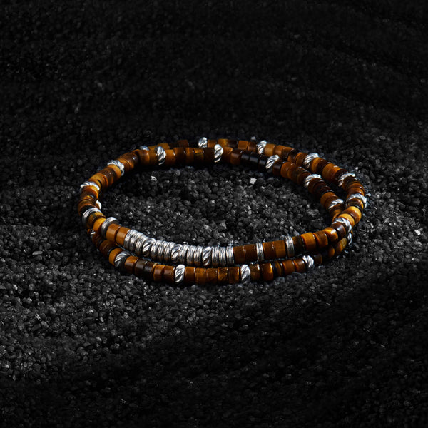 Men's Natural Tiger Eye Heishi Beaded Bracelet with Silver Details