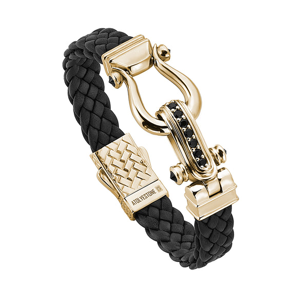 Atolyestone Iconic Design Leather Bracelet in Yellow Gold - Black Nappa Leather