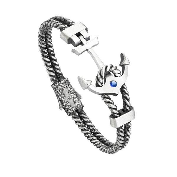 Mens Diamond Invictus Anchor Bangle - Solid Silver - Sapphire