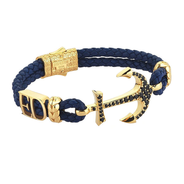 Statements Anchor Leather Bracelet - Yellow Gold - Blue Leather