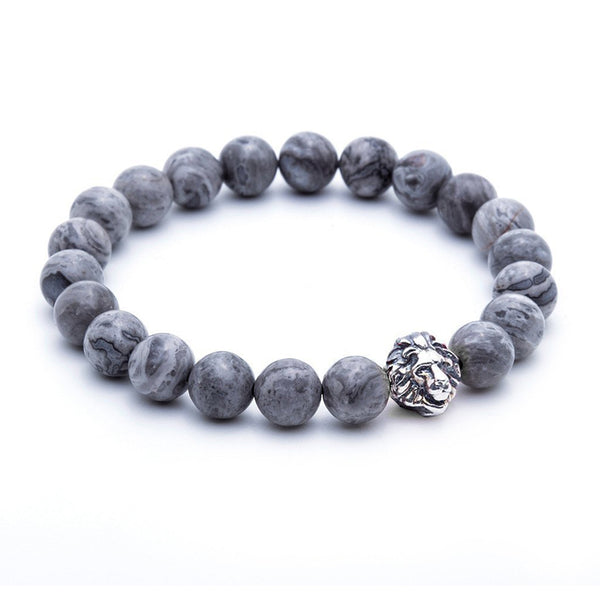 Mens Leo Jasper Beaded Bracelets - Oxidised Silver - Grey Jasper