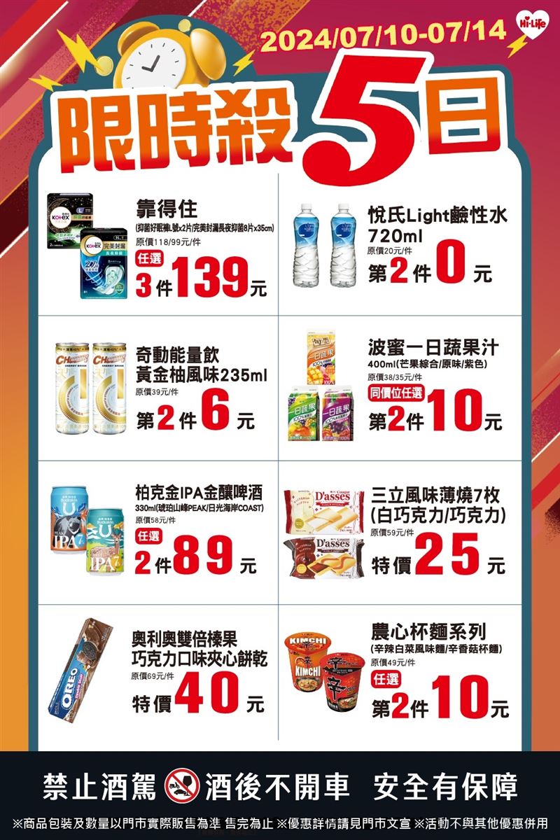 萊爾富7月10日至14日推出「限時殺5日」優惠，祭出8款指定商品，享最低3.9折起。（圖／品牌業者提供）