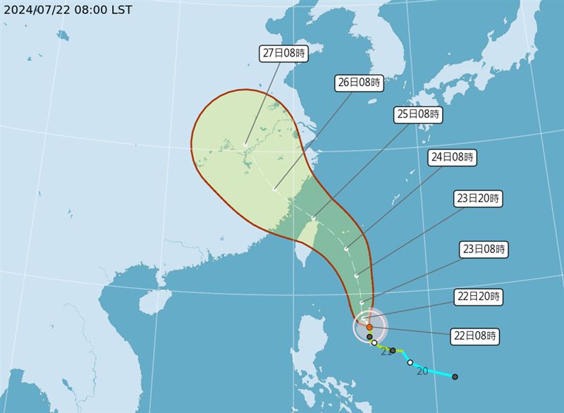 颱風「凱米」預報路徑有更往台灣修正的趨勢。（圖／中央氣象署）