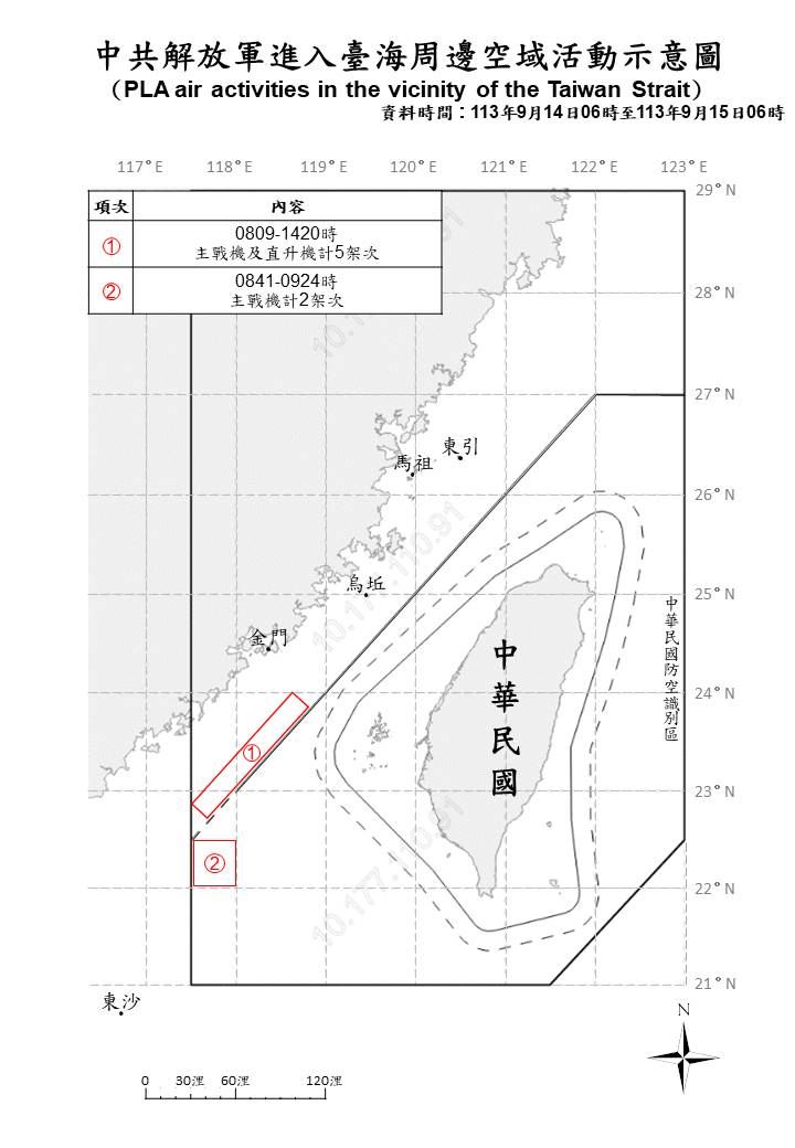 1130915_臺海周邊海、空域活動示意圖（圖／國防部提供）