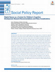 Research paper thumbnail of Digital Games as a Context for Children's Cognitive Development: Research Recommendations and Policy Considerations