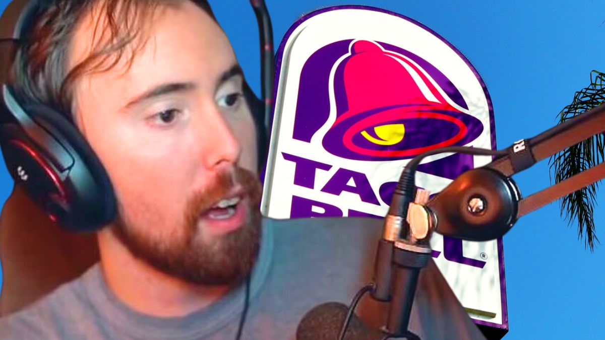 Collage style image of Asmongold in front of a photo of a Taco Bell sign