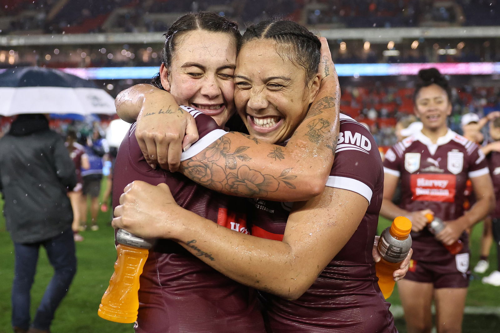 Shannon Mato and Jessika Elliston hug after winning Women's State of Origin II.