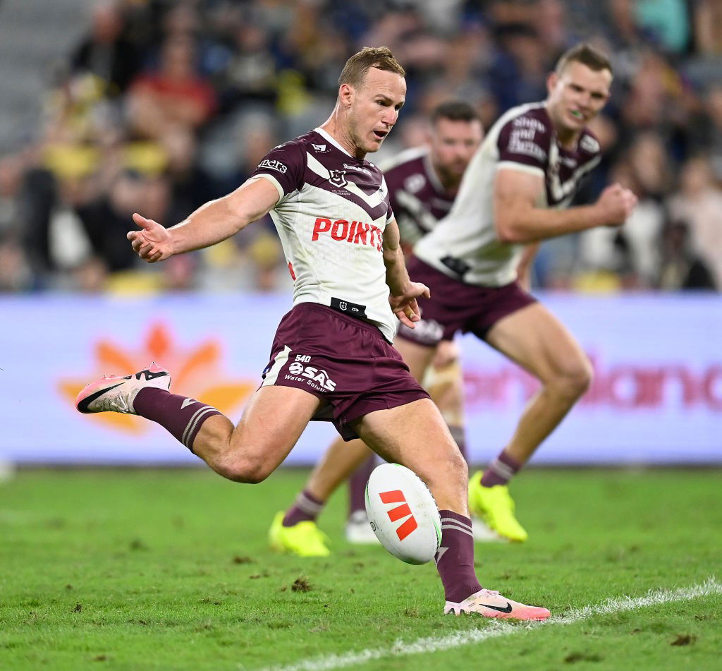 Daly Cherry-Evans winds up his leg to kick a field goal for Manly Sea Eagles.