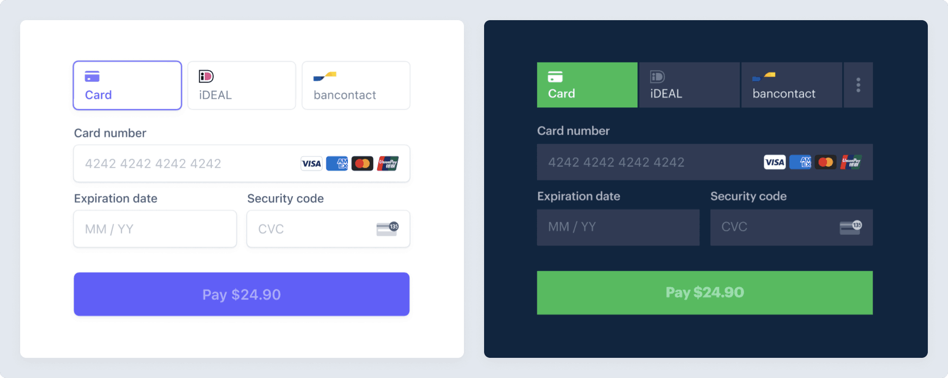 Examples of light and dark modes for the payment element checkout form.