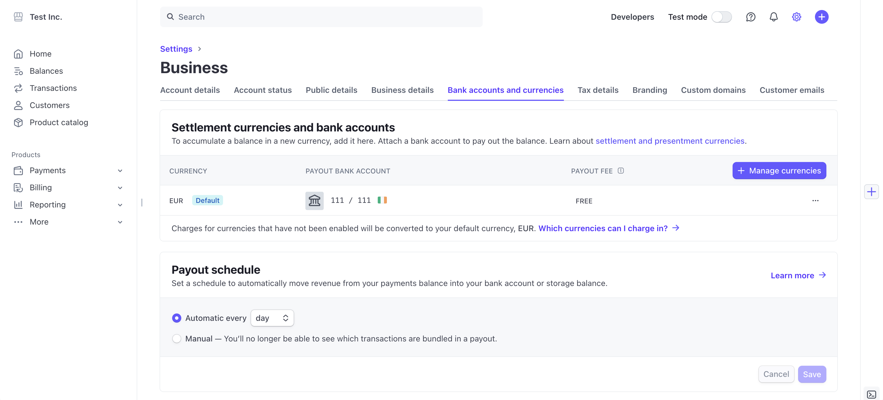 Bank accounts and currencies settings in the Dashboard