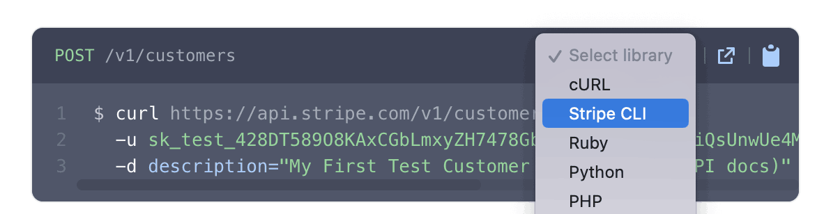 Select Stripe CLI in the dropdown menu