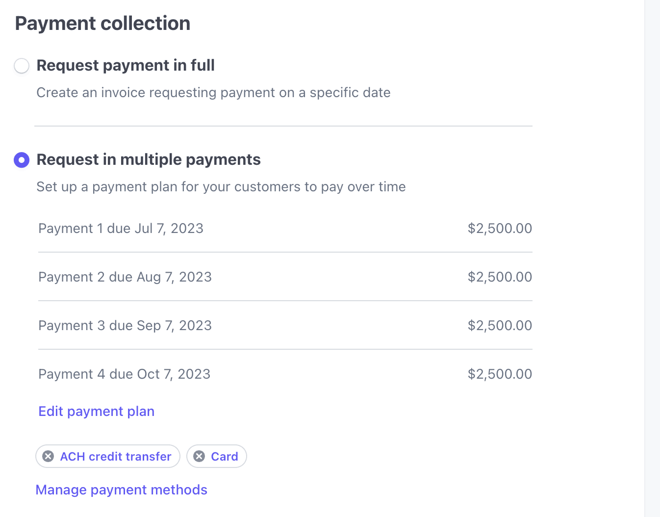 Enable multiple payments in the Dashboard