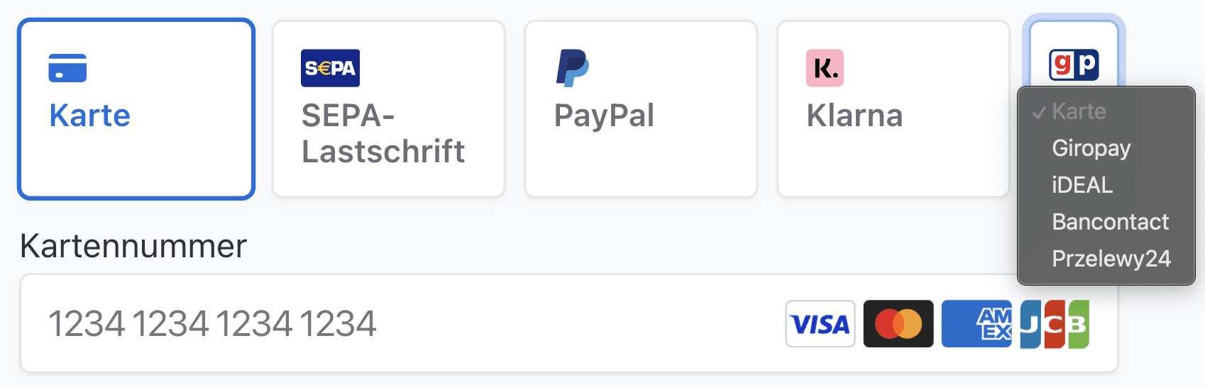 A variety of payment methods.