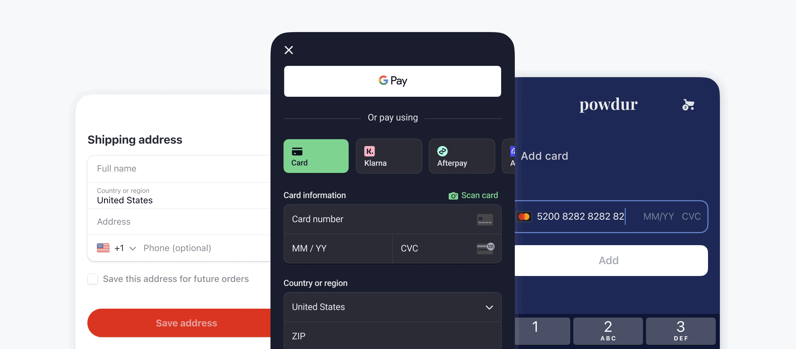 Examples of apps using the Address Element, Mobile Payment Element, and Card Element in a React Native app.