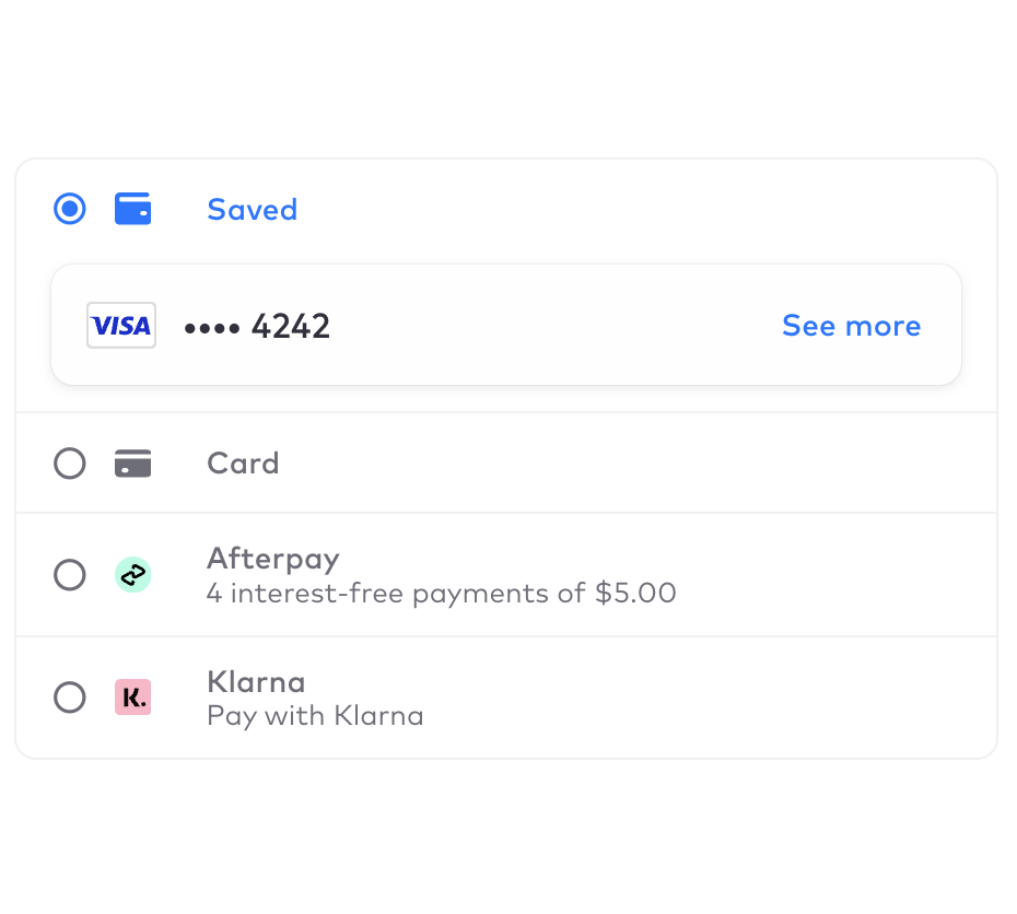 The Payment Element with a Saved payment method selected