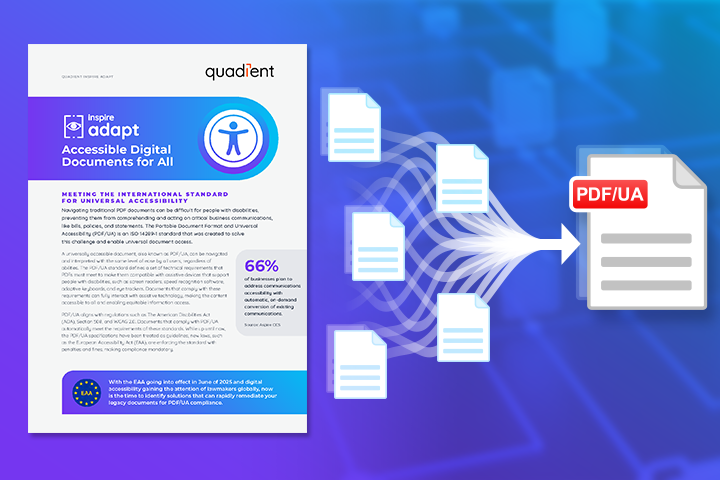 Thumbnail of Inspire Adapt brochure against background showing documents streaming into PDF/UA