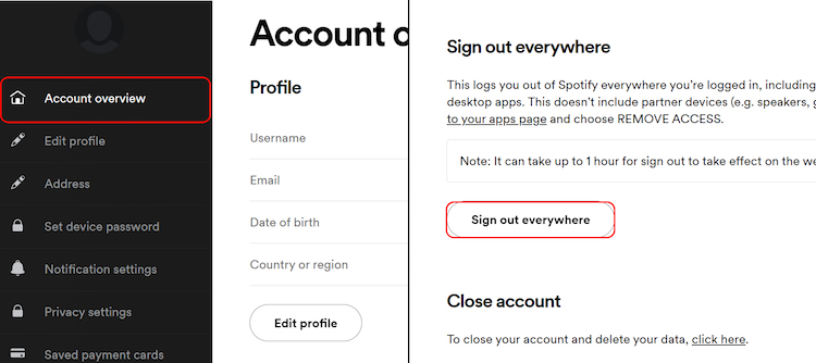 Sign out everywhere option on Spotify Account page