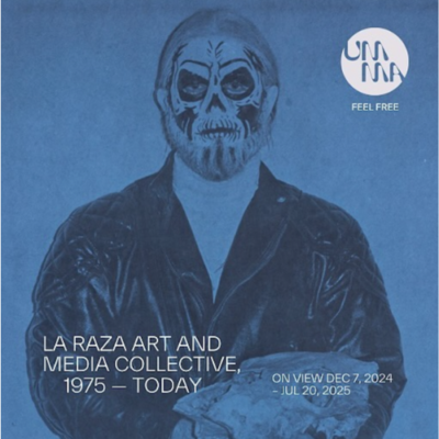 La Raza Art and Media Collective, 1975 through today, exhibit at the University of Michigan Museum of Art, with art from the exhibit featuring a man with skull facepaint.