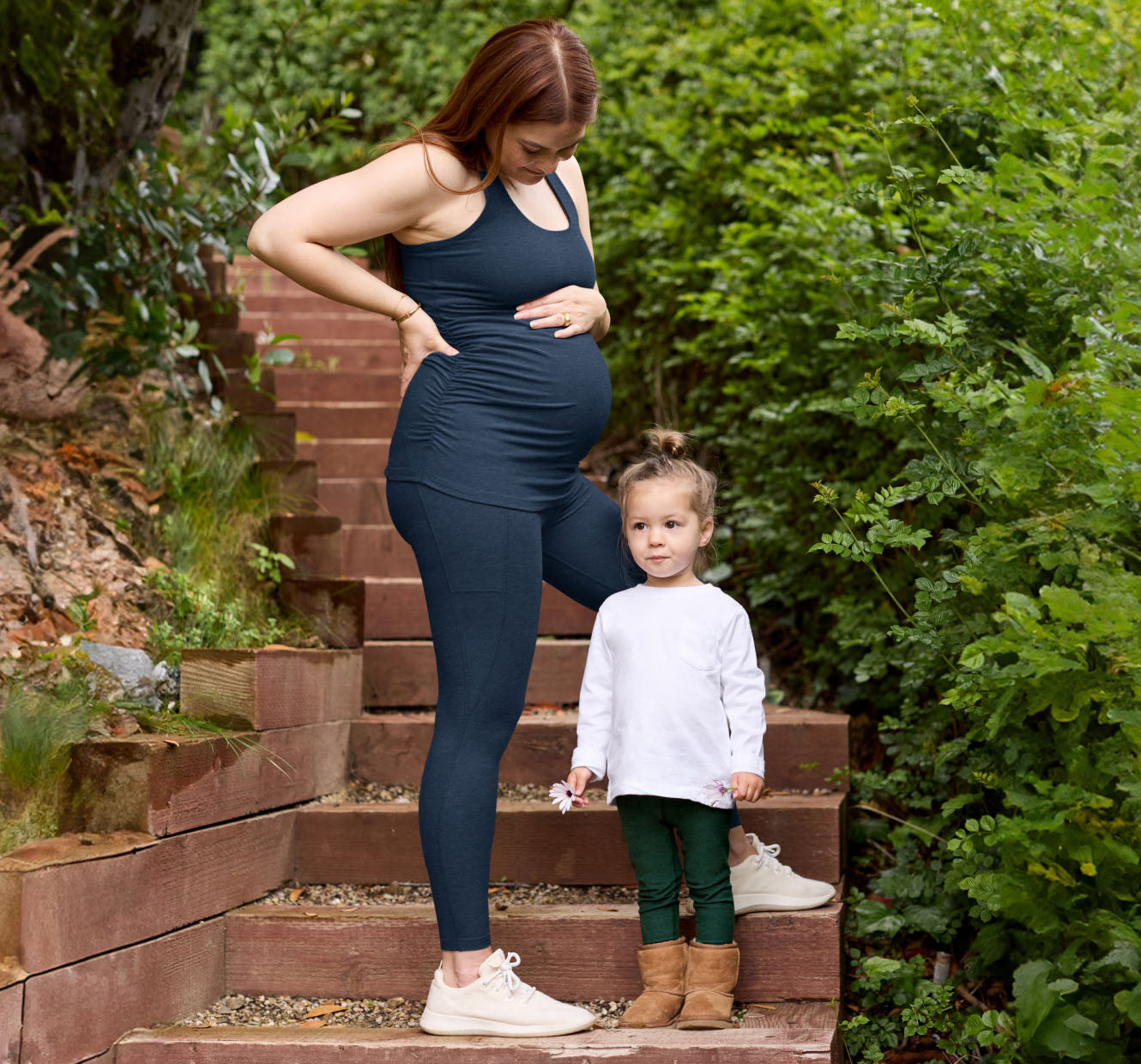 blue maternity top paired with blue midi legging