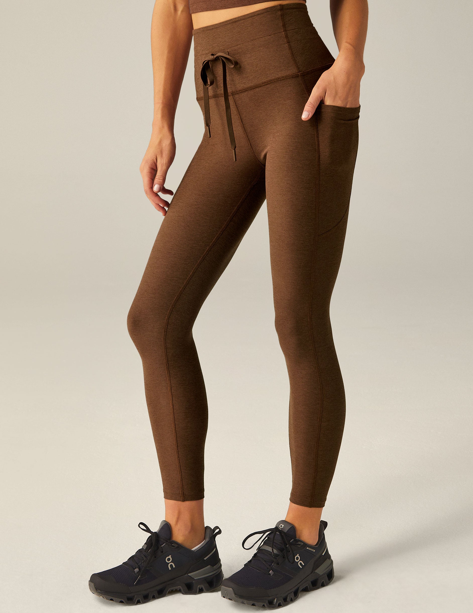 brown midi jogger legging with drawstring at waist and pocket at sides