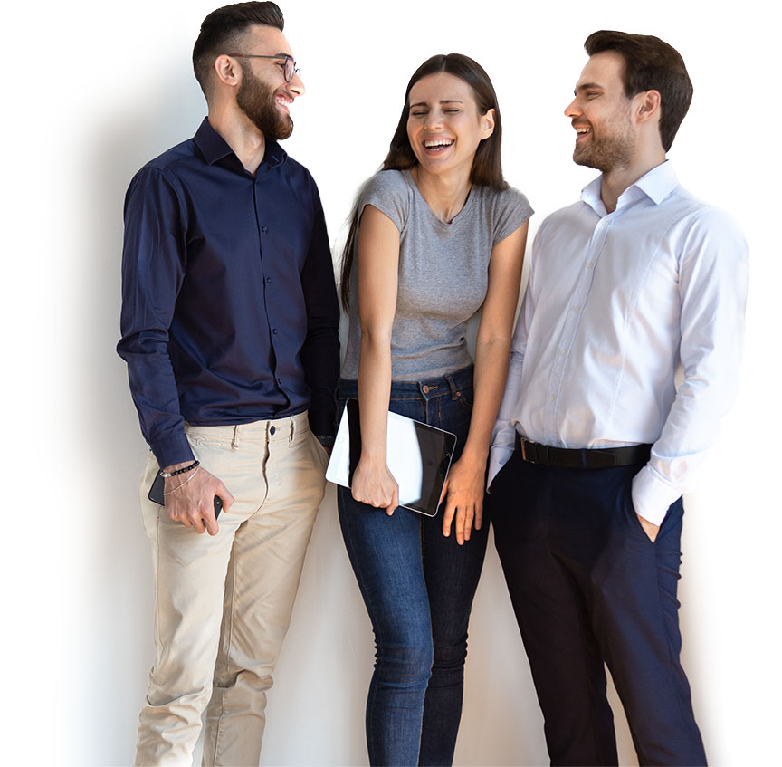 group of three people laughing